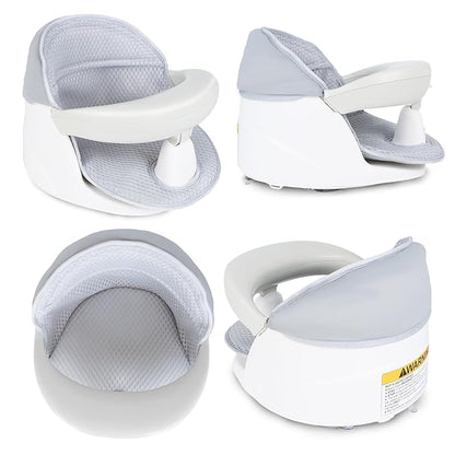 Swivel Baby Bath Seat, Openable Armrest and 360° Rotatable Baby Bath Seat for Babies 6 Months & up, Baby Bath Mat/Rinse Cup/Brush/Baby Shower Cap Included, White