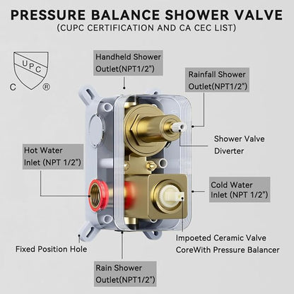 Shower Faucet Set Brushed Gold Shower System, STARBATH 12+6" Dual Rain Shower Head with Handheld Spray for Two People,Wall Mount Rainfall 3 Way Shower Valve with 5 Diverter and Trim Kit Complete