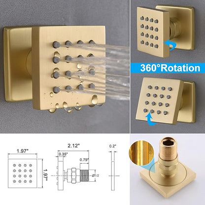 Enga Brushed Gold Rain Shower System with Body Jets, 12 inch Rain Shower Body Spray Jets System Wall Mounted Shower Faucet Set with 3-Function Brass Shower Valve
