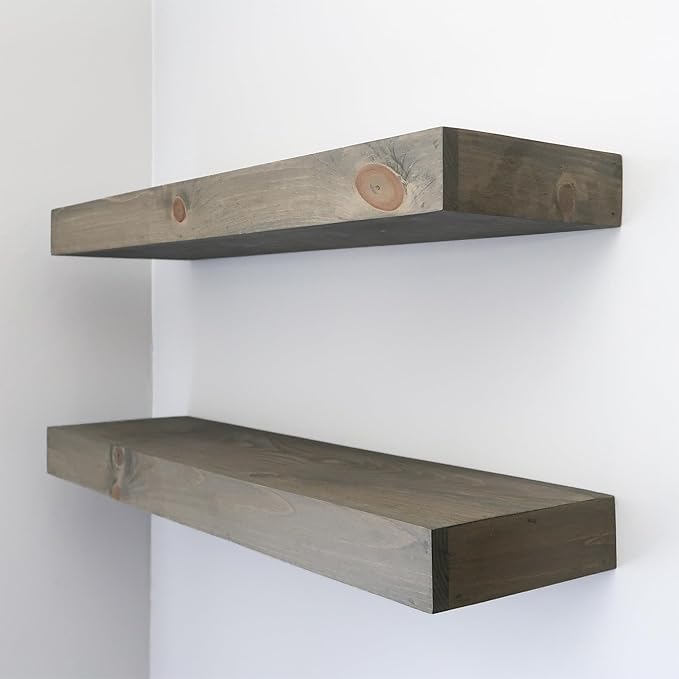 Urbandi Modern Floating Shelves 3 Inches Thick for Wall, Wide Shelves for Kitchen, Living Room, Bedroom, and Bathroom, Natural Pine Wood, Rustic Wooden Shelf, (Set of 2) (Aged Barrel, 36Lx3Hx8D)