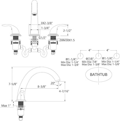 SUMERAIN Matte Black 3 Hole Deck Mounted Widespread Roman Tub Faucet Set with Valve, Classic