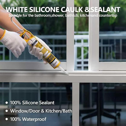White Advanced Silicone Caulk, 100% Waterproof Silicone Sealant Indoor Outdoor Caulking for Window, Door, RV, Roof, Auto & Marine, Kitchen, Bathroom, Glass,15.2 oz（12-Pack） No Odor