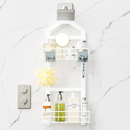 Orimade Adjustable Anti-slip Shower Caddy over Shower Head, Rustproof Bathroom Hanging Shower Organizer with 2 Hooks for Razor, No Drilling Shelves Storage Rack 2 Tier, White