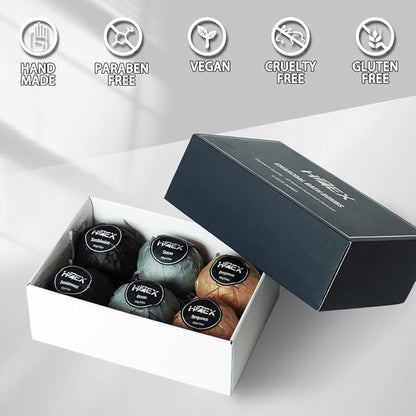 Charcoal Bath Bombs Gift Set – 6 Piece Natural Spa Fizzies with Essential Oils – Handmade Organic Moisturizing Vegan Bath Bombs for Relaxation, Detox, Stress Relief – Gifts for Men & Women