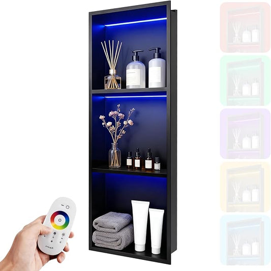 12" X 36" RGB LED Shower Niche No Tile Needed, 304 Stainless Steel Shower Niche Insert Tile Ready, Recessed Wall Shelf for Bathroom Storage Organizer with Remote Control, Matte Black