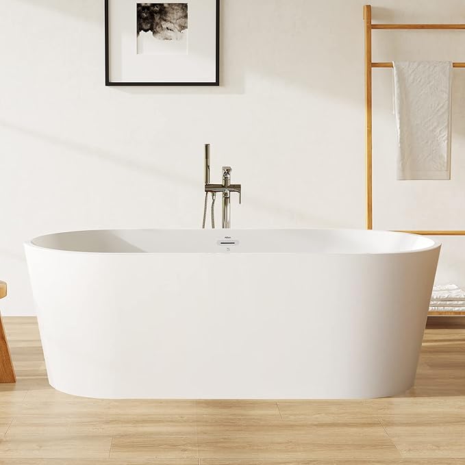 FerdY Shangri-La 67" Acrylic Freestanding Bathtub, Ergonomic Lightweight Classic Oval Soaking Bathtub with Toe-Tap Chrome Drain, Classic Slotted Overflow, Glossy White