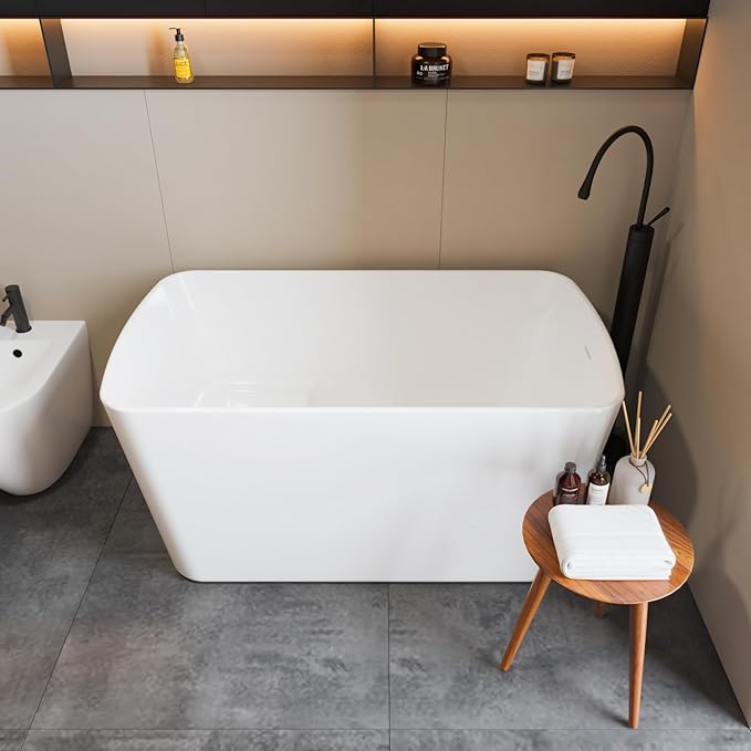 49" Acrylic Freestanding Bathtub - Japanese Square Soaking Tub with Built-in Seat, Toe-Tap Drain & Overflow, Glossy White, Compact Space-Saving Bath for Bathrooms