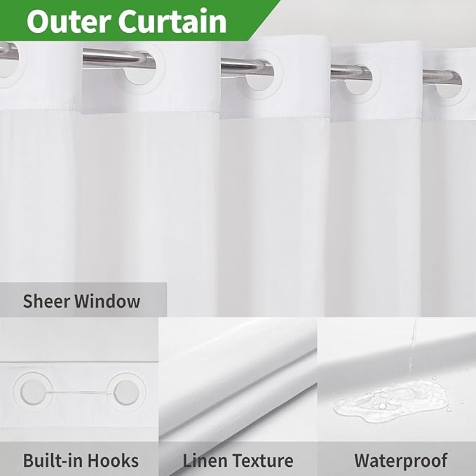 Stall No Hooks Needed White Shower Curtain with Snap-in Fabric Liner Set,Linen Textured Hotel Luxury Decor Shower Curtains for Bathroom with Mesh Top Window,Waterproof & Washable,36Wx74H,
