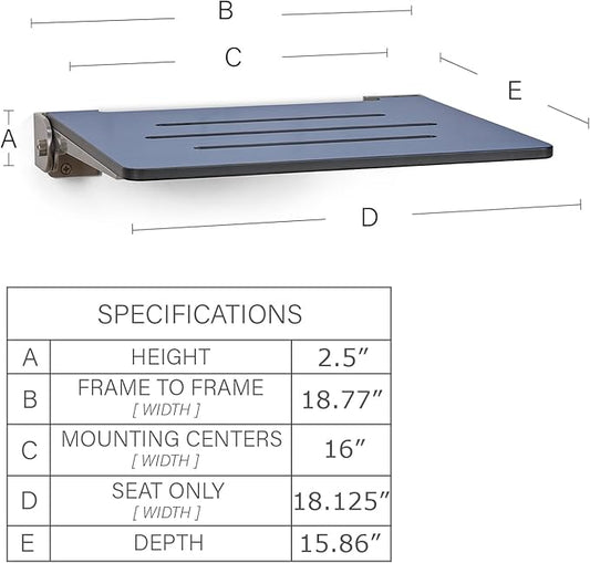 18 inch Silhouette Slimline Folding Wall Mount Shower Bench Seat, Navy Seat with Silver Frame