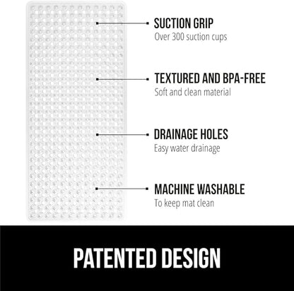 GORILLA GRIP Patented Bath Tub Shower Mat, Machine Washable Bathtub Floor Liner Mats, Suction Cups and Drain Holes to Keep Tubs Clean, Soft on Feet, Bathroom Essentials, 35x16 Inch, Clear