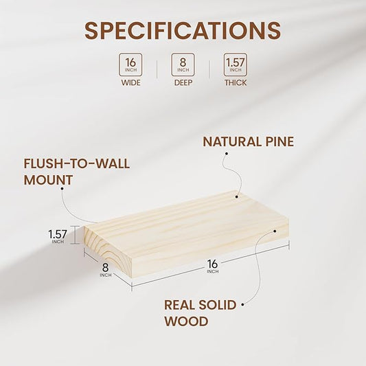 Heimlove Wood Floating Shelves for Wall,2 Packs 16 inches Natural Pine Solid Wood Floating Shelves, 8 inches Deep Wooden Shelves for Kitchen Bedroom Office & Living Room Wall Decor