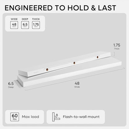 Homeforia White Floating Shelf 48 inches, High End Solid Real Wood 48inch Long Floating Shelves for Wall Mounted, White Wooden 48in Floating Shelves, Heavy Duty Bracket, 48 X 6.5 X 1.75 inch, Set of 2