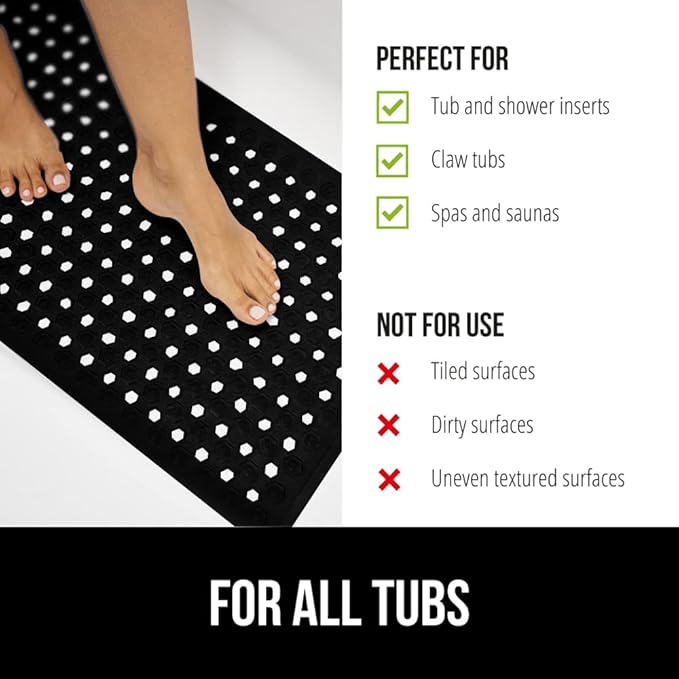 GORILLA GRIP Patented Bath Tub Shower Mat, Machine Washable Bathtub Floor Liner Mats, Suction Cups and Drain Holes to Keep Tubs Clean, Soft on Feet, Bathroom Essentials, 35x16 Inch, Black