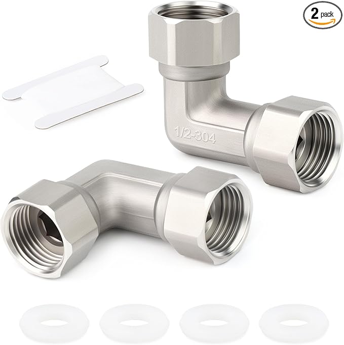 TAISHER 2PCS 304 Stainless Steel 90 Degree Elbow 2 Ends Flexible Movable Connector, 1/2" Female for Sprayer, Angled Valve, Shower Arm