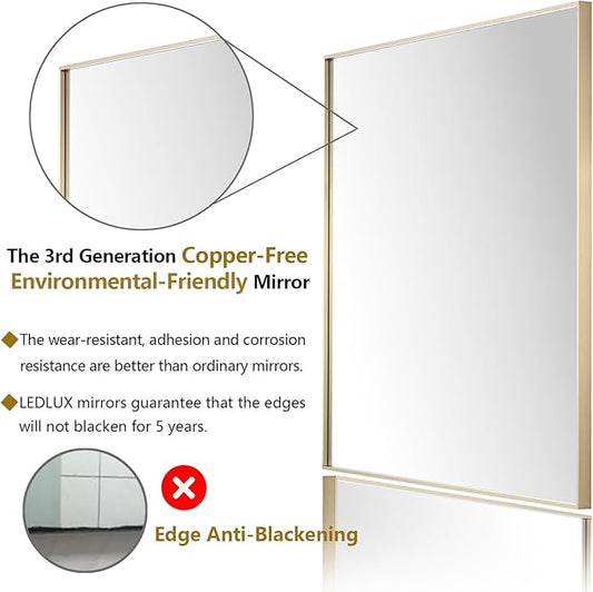 24x40 Inch Gold Bathroom Mirror - Copper-Free Mirror, Aluminum Alloy Frame Vanity Rectangle Wall Mounted Modern Mirror for Bedroom/Living Room/Porch Horizontal or Vertical