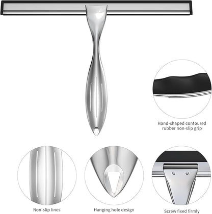 Shower Squeegee Set, 10-Inch Stainless Steel Squeegee for Bathroom, Shower Doors, Mirrors, Tiles, and Car Windows - 100% Streak Free, Includes Shower Door Hook, Adhesive Hook and Spare Silicone Blade