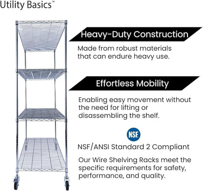 NSF Commercial 4-Tier Wire Shelving with Wheels, 60"x24"x72" Heavy Duty Metal Shelves 3200 lbs Max Capacity, Chrome Storage Rack for Garage Kitchen Pantry Warehouse