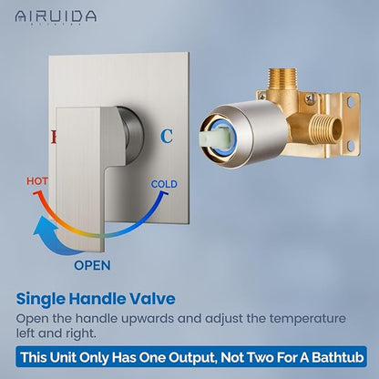 Airuida Square Single-Function Brass Faucet Shower Rough-in Valve Male Thread Bathroom Trim Kit Single Handle Tub Shower Valve 4.3 Inch Cover Plate Brushed Nickel