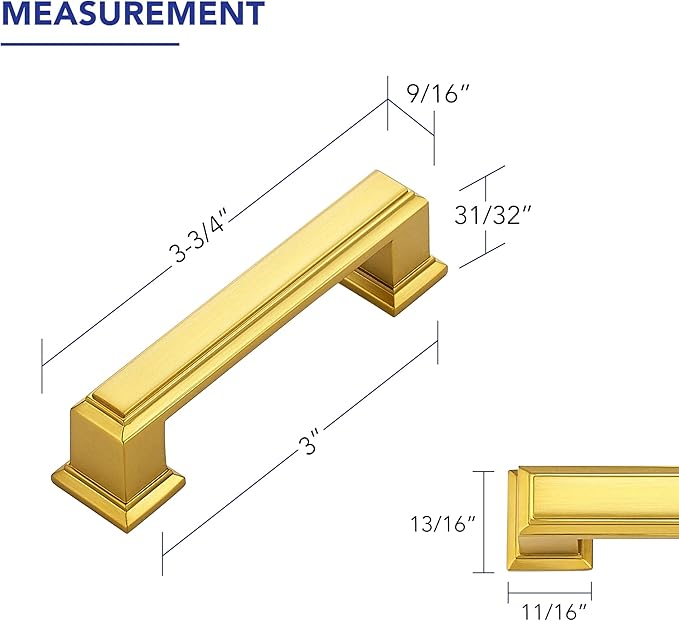 Ravinte Hardware 10 Pack Brushed Brass Cabinet Pulls, 3 Inch (76mm) Hole Center Zinc Alloy Drawer Handles for Kitchen Cabinets, Cupboards, Dressers, Square Solid Metal Hardware