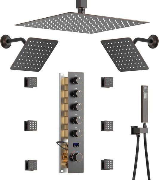 12"+8"+8" Triple Shower Heads Shower System Oil Rubbed Bronze Body Jets Shower Set with Handheld Sprayer and Temperature Display Valve,Full Body Shower System