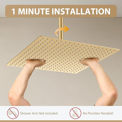 Gold Rain Shower Head, 16 Inch Ultra Thin 304 Stainless Steel Square Rainfall Shower Head, Full Body Coverage with 324 Silicone Nozzle Waterfall Showerhead