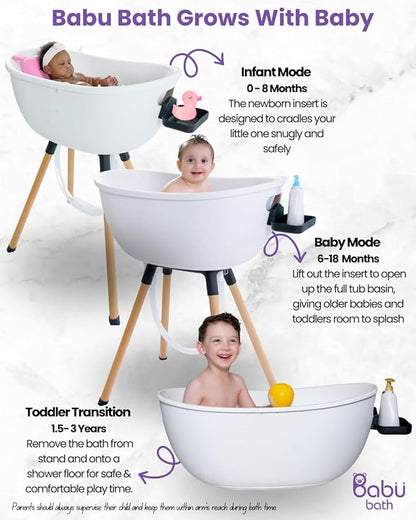 Luxury Baby Bathtub with Wooden Stand – 3-Stage Convertible, Ergonomic & Back-Saving Design (Pink Bundle)