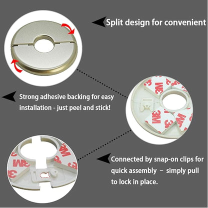 2 Pieces Wall Split Flange, Self-Adhesive Escutcheon Plate for 33mm/1.3" Dia Pipe, ABS Round Plumbing Cover Plates for Bathroom Kitchen Toilet Faucet, Gold