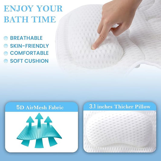 Bath Pillow for Tub | 4D Air Mesh Fabric - Plush Bathtub Pillow for Neck & Back Support, Hot Tub Pillow with 6 Non-Slip Suction Cups | Spa Pillow for Relaxation and Comfort (White).
