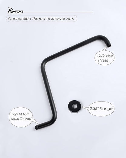 PHASAT 16 Inches Black Shower Head Arm,S Shaped Shower Arm with Flange,High Rise Shower Head Extension Matte Black,PU9H02