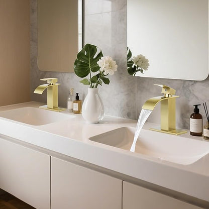 Bathroom Faucets Brushed Gold Waterfall Bathroom Sink Faucet Modern Single Handle Bathroom Faucet for 1 or 3 Hole Mxier Tap Washbasin Faucet with Deck, Pop-up Drain and Supply Hoses