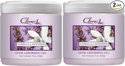 Clear Air Odor Absorber Gel - 15 oz, Pack of 2 - Air Freshener Absorbs and Eliminates Odors in Bathrooms, Cars, Boats, RVs and Pet Areas - Made with Essential Oils - Lavender Vanilla Scent