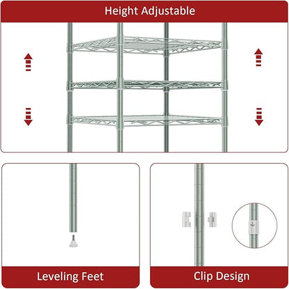 IZEUK 3 Tier Heavy Duty Steel Storage Shelves, Metal Shelf Wire Shelving Rack for Pantry, Kitchen, Cloakroom or Office Organization (13.8" D x 13.8" W x 25.5" H, 750LBS, Green)