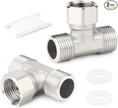 TAISHER 2PCS 304 Stainless Steel 3 Way Top Flexible Movable Tee Connector, 1/2" Male for Sprayer, Angled Valve, Shower Arm