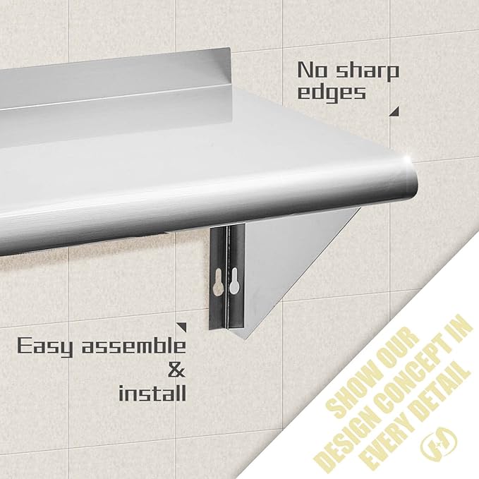 Hally Stainless Steel Shelf 14 x 72 Inches, 450 lb, Commercial Wall Mount Floating Shelving for Restaurant, Kitchen, Home and Hotel