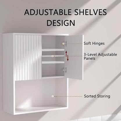 Fluted Bathroom Wall Cabinet Over The Toilet Storage,Wall Mounted Cabinet with Adjustable Shelf,Floating and Hanging Organizer,Kitchen and Laundry Room Storage (White-2 Pcs)