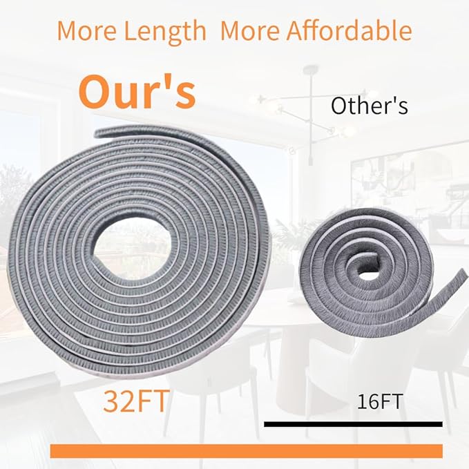Brush Weather Stripping for Sliding Windows/Doors Frame Side,Window Sealer for Winter Pile Self Adhesive Seal Strip Sealer Draft Stoppers (33ft 0.35''Wide x 0.6''Thick, Gray)