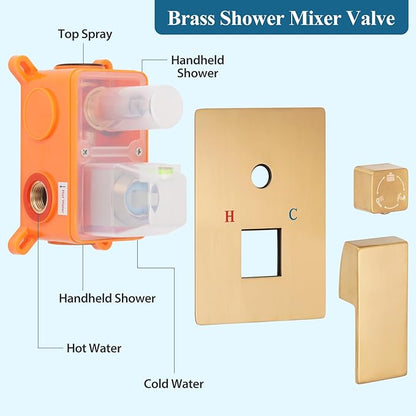 10 inch Square Shower Head and Handheld Set, Gasecoet Shower System with Tub Spout Wall Mounted Shower Faucet for Bathroom - Brushed Gold (With Shower Valve)