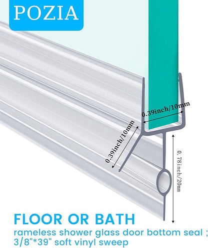 POZIA Clear Frameless Glass Shower Door Bottom Seal | Shower Door Sweep for Leak-Proof, Quick Installation to Create Reliable Water Barrier (1PACK-3/8in-20mm Gap)