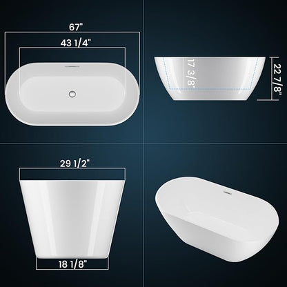 Freestanding Bathtubs 67 inch Acrylic Stand Alone Tub – White Finish with Chrome Drain, Deep Ergonomic Oval Soaking Tub, Modern Freestanding Tub for Bathroom, Family or Guest Use
