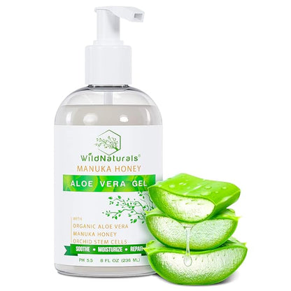 Wild Naturals 100% Pure Aloe Vera Gel with Manuka Honey – Organic Gel for Sunburn Relief, Acne, Scars & Dry Scalp – Moisturizing Gel for Face, Hair & Body