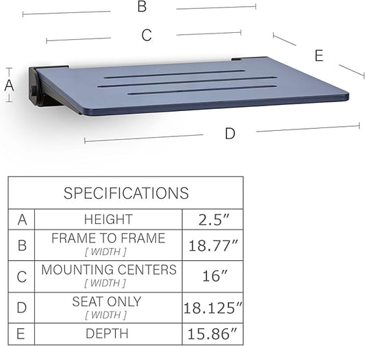 18 inch Silhouette Slimline Folding Wall Mount Shower Bench Seat, Navy Seat with Matte Black Frame