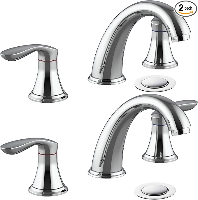 Bathroom Sink Faucet, Faucet for Bathroom Sink, Widespread Chrome Bathroom Faucet 3 Hole with Stainless Steel Pop Up Drain and cUPC Lead-Free Hose - (Chrome 2 Packs)