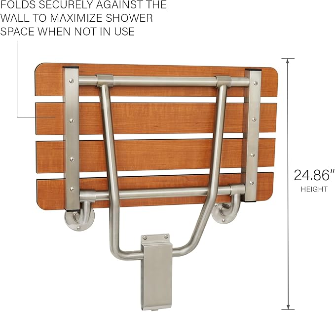 Seachrome 18-inch x 15-inch in ADA Folding Wall Mount Bathroom Shower Seat Bench, Teak Phenolic Seat
