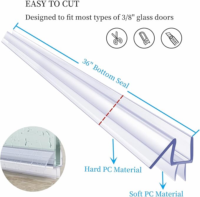 Shower Door Bottom Seal Strip 36 inch Frameless Shower Sweep for 3/8" (10mm) Thick Glass Ultra Clear Polycarbonate - Single Pack