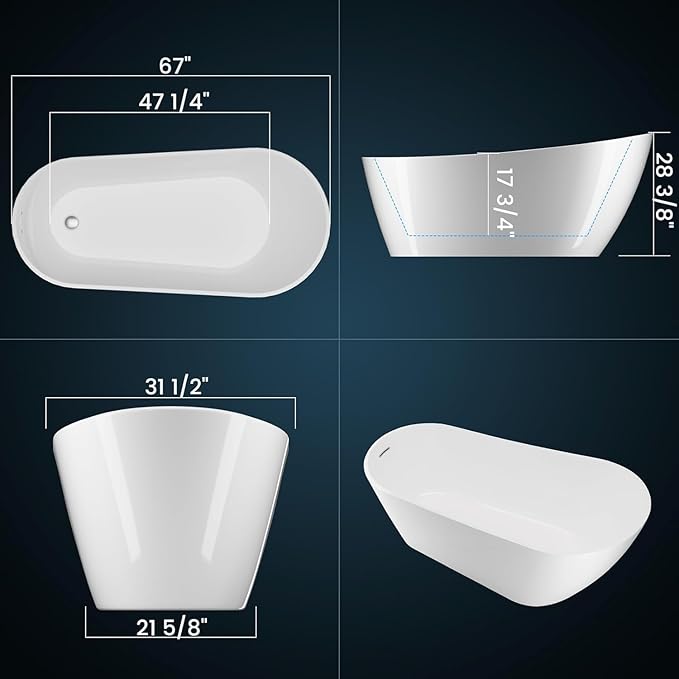 67" Free Standing Tub, Acrylic Freestanding Bathtub, Modern Soaking Tub with Integrated Overflow and Drain, White Bathroom Fixture, Stand Alone Bathtub, CUPC Certified