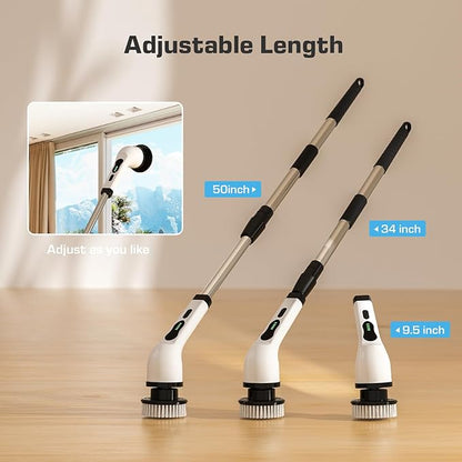 Kingwell Electric Spin Scrubber, Cordless Electric Scrubber for Cleaning with 9 Brush Heads, 2 Speeds,3 Adjustable Handle, 90Mins Work Time, Shower Scrubber for Bathroom, Tub, Floor,White