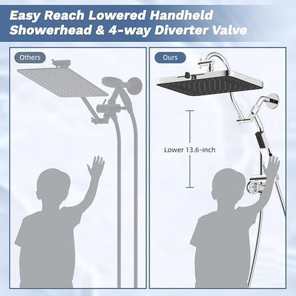 Hibbent Upgraded cUPC Certified 13'' Shower Head Combo, High Pressure 5-spray Rainfall Showerhead, Stainless Steel 4 Modes Handheld Spray, All Metal 4-way Diverter Arm, 71'' Hose & Holder, Chrome