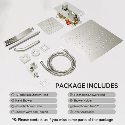 Rain Shower System Brushed Nickel, STARBATH 12+6" Dual Shower Head with Handheld Spray for Two Person, Wall Mounted Shower Faucet Set 3 Way Shower Valve with 5 Diverter and Trim Kit Complete