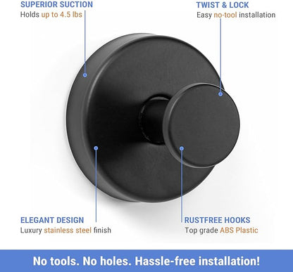 Suction Cup Hooks for Shower, Bathroom Hooks for Towels Stainless Steel Wall Hook for Hanging up to 6.5 lbs Hooks for Kitchen, Glass, Mirror (2Pcs Black)