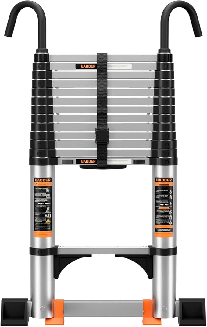 Telescoping Ladder,with Stable Hook and stabilizer barand,Extension Ladder, Heavy Duty 330lbs Max Capacity, Multi-Purpose Collapsible Ladder for RV or Outdoor Work (Aluminum, 12.5FT/3.8M(A-Button))